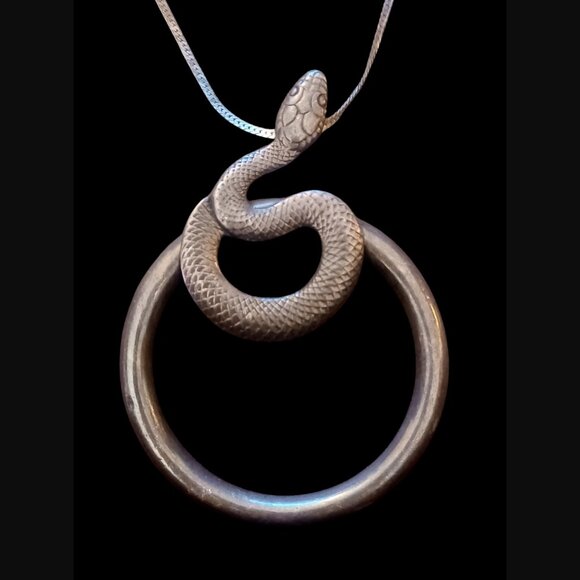 925 Oxidized Sterling Silver Large 3.5" Snake Pendant 17.5" 1.8mm Chain
